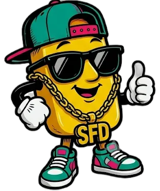 The So Fresh & So Dipped cakesicle mascot wearing a green cap, sunglasses, and an SFD gold chain